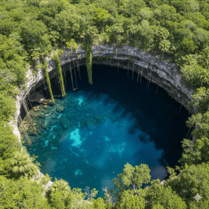 Crystal-clear waters inside the cenotes in Tulum surrounded by lush jungle