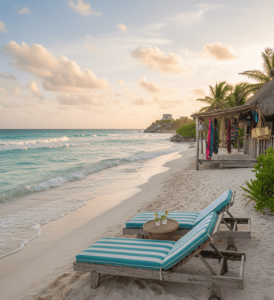 Sunrise over Tulum beaches with palm trees and soft white sand