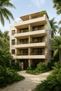 Exteriores modernos de departamentos nuevos Tulum rodeados de selva