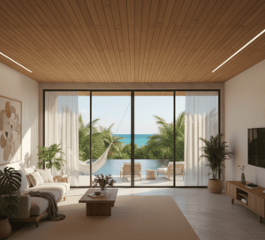 Interior de departamento en Aldea Zama con diseño minimalista y luz natural