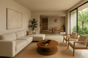 Interior de departamento de lujo Tulum con diseño minimalista y acabados premium