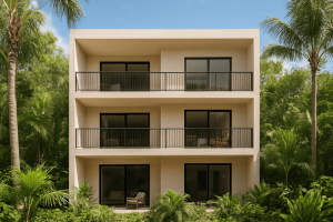 Fachada moderna de desarrollo residencial en venta de apartamentos en Tulum