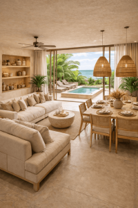 Luxury condos for investment in Tulum with modern interior design and terrace view
